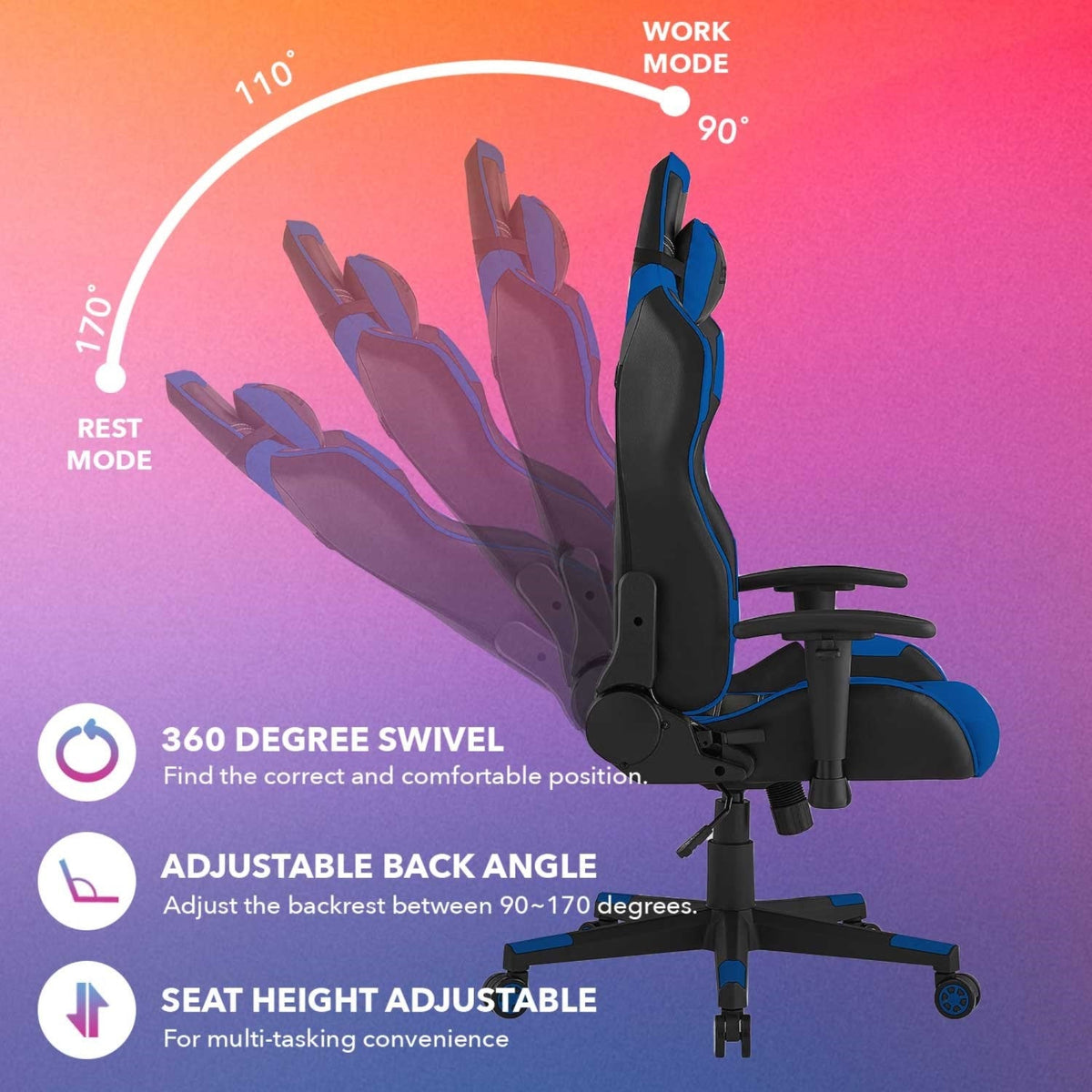 Reina Swivel, Adjustable Back Angle, Seat Height and Armrest Game Chair