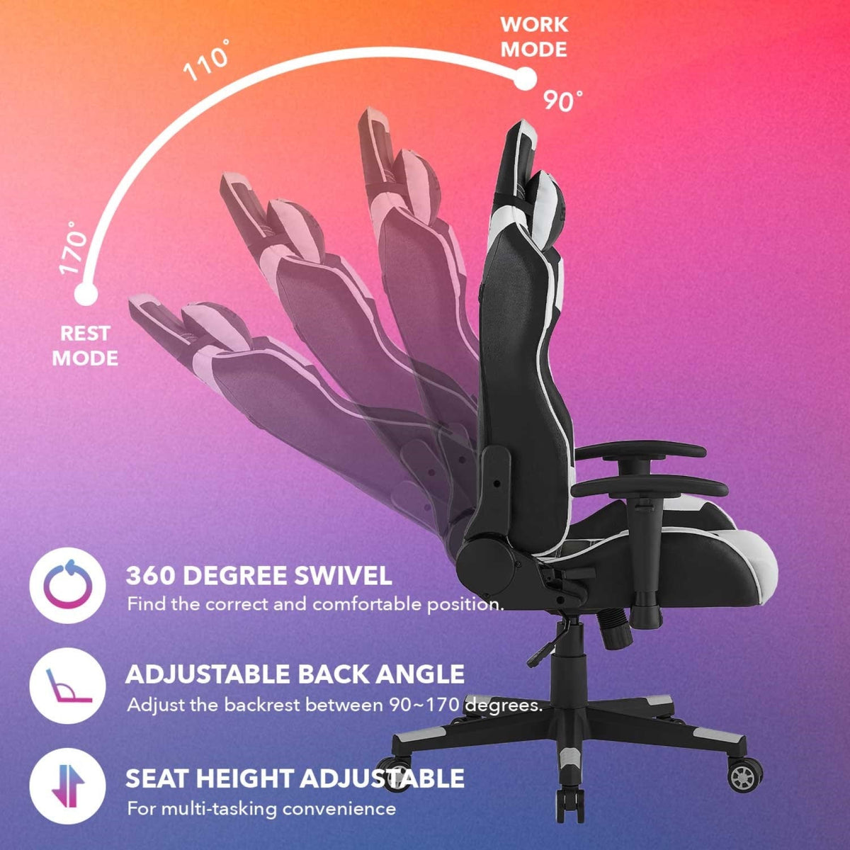 Reina Swivel, Adjustable Back Angle, Seat Height and Armrest Game Chair