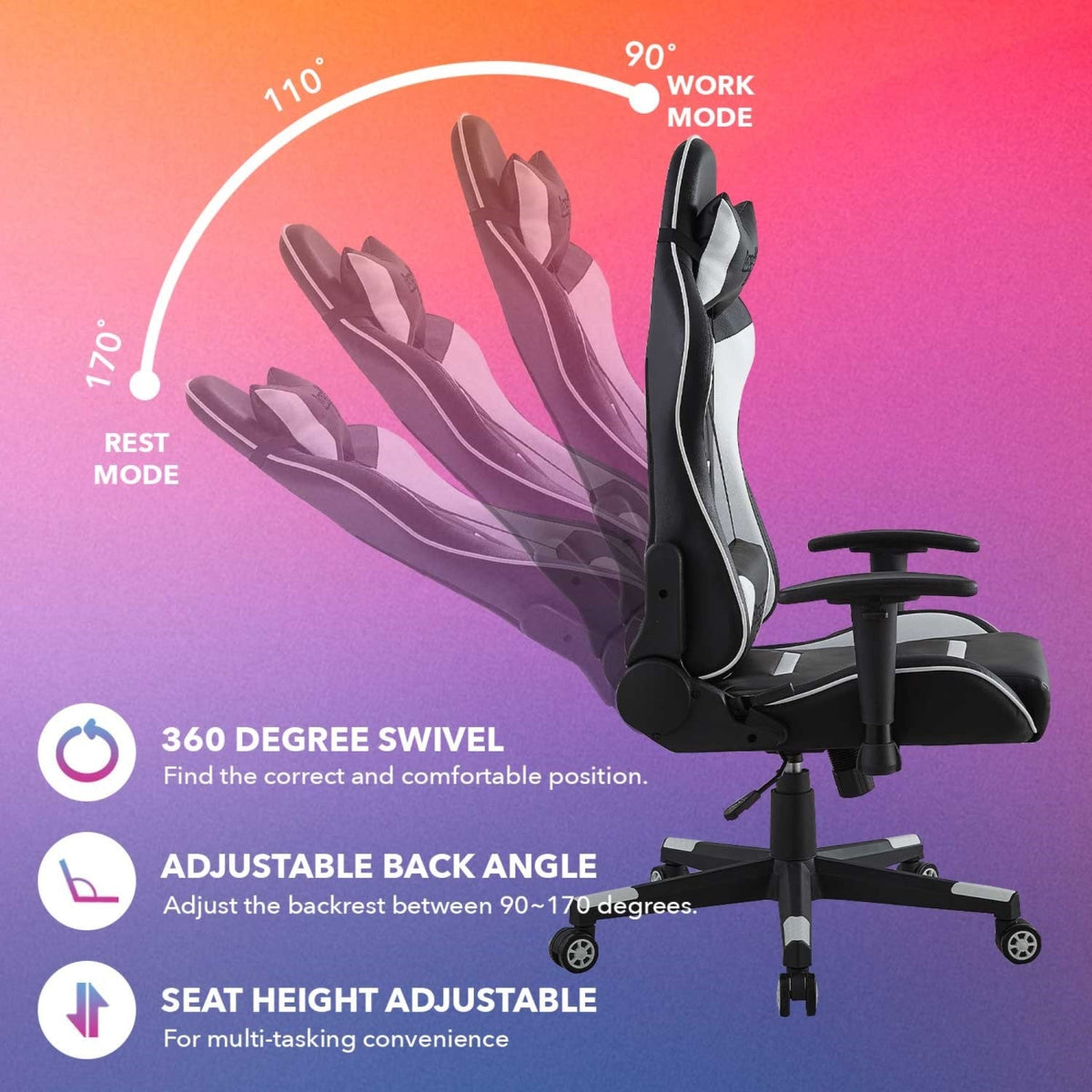 Aislinn Swivel, Adjustable Back Angle, Seat Height and Armrest Game Chair