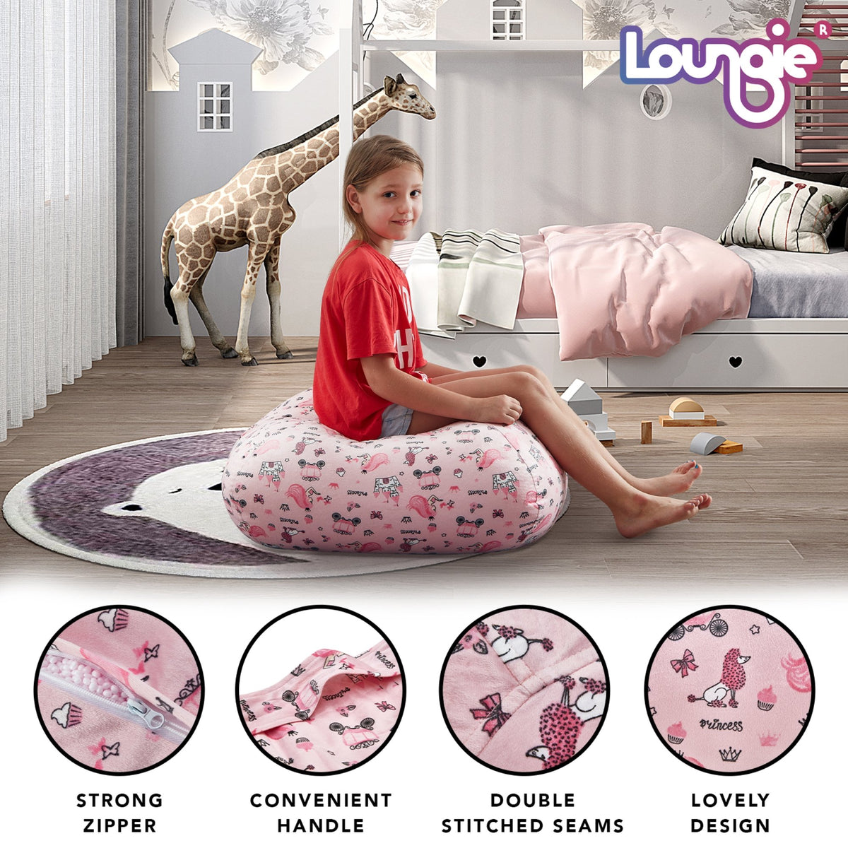 Loungie Stuffed Animal Storage Beanbag Cover - 55 Extra Large Bean Bag  Chair, Unicorn Light Pink