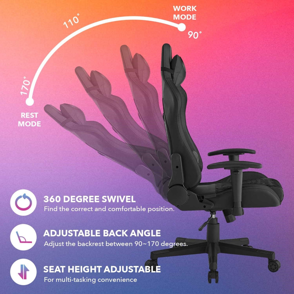 Maxton Swivel, Adjustable Back Angle, Seat Height and Armrest Game Chair