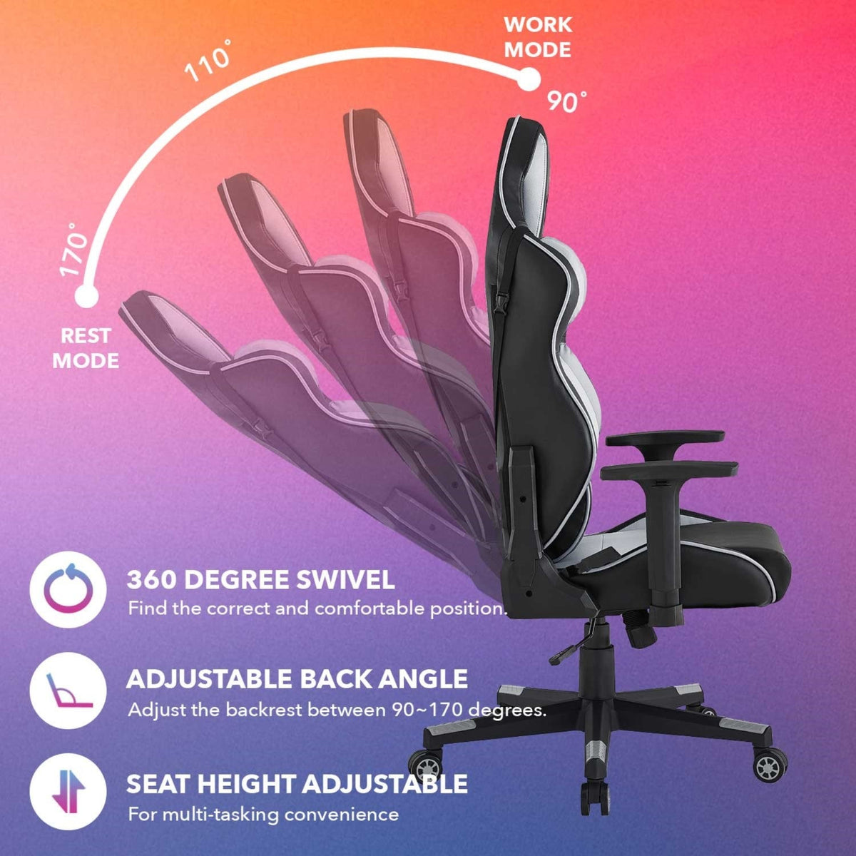 Angeline Swivel, Adjustable Back Angle, Seat Height and Armrest Game Chair