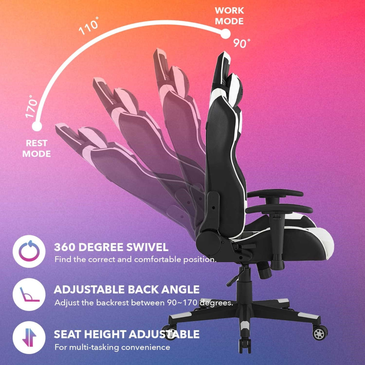 Reina Swivel, Adjustable Back Angle, Seat Height and Armrest Game Chair