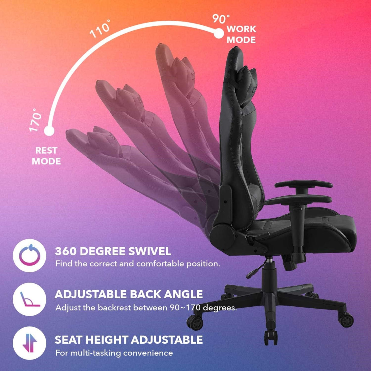 Aislinn Swivel, Adjustable Back Angle, Seat Height and Armrest Game Chair