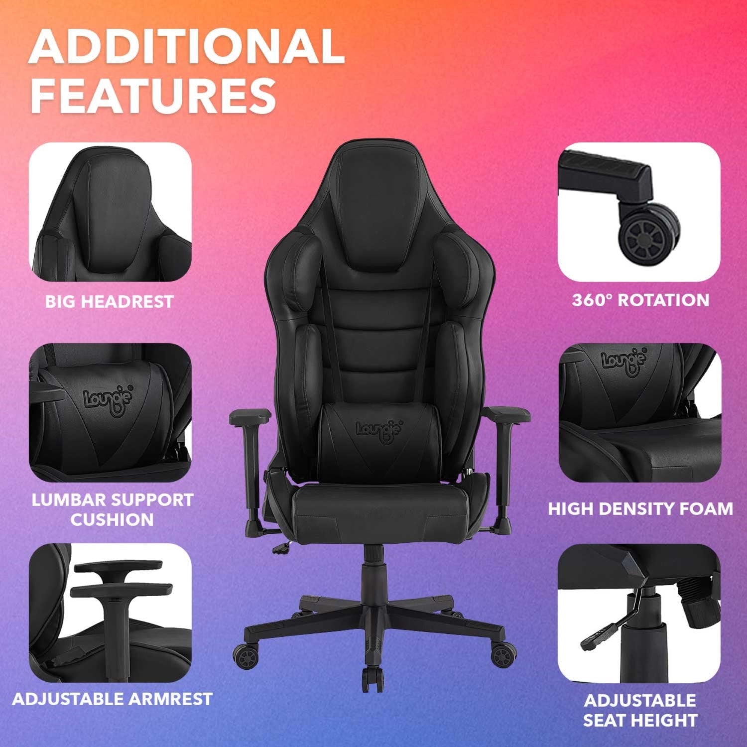 Angeline Modern Game Chair Swivel, Adjustable Back Angle, Seat Height and Armrest Big Headrest, 360° Rotation for Game Room Red by Loungie