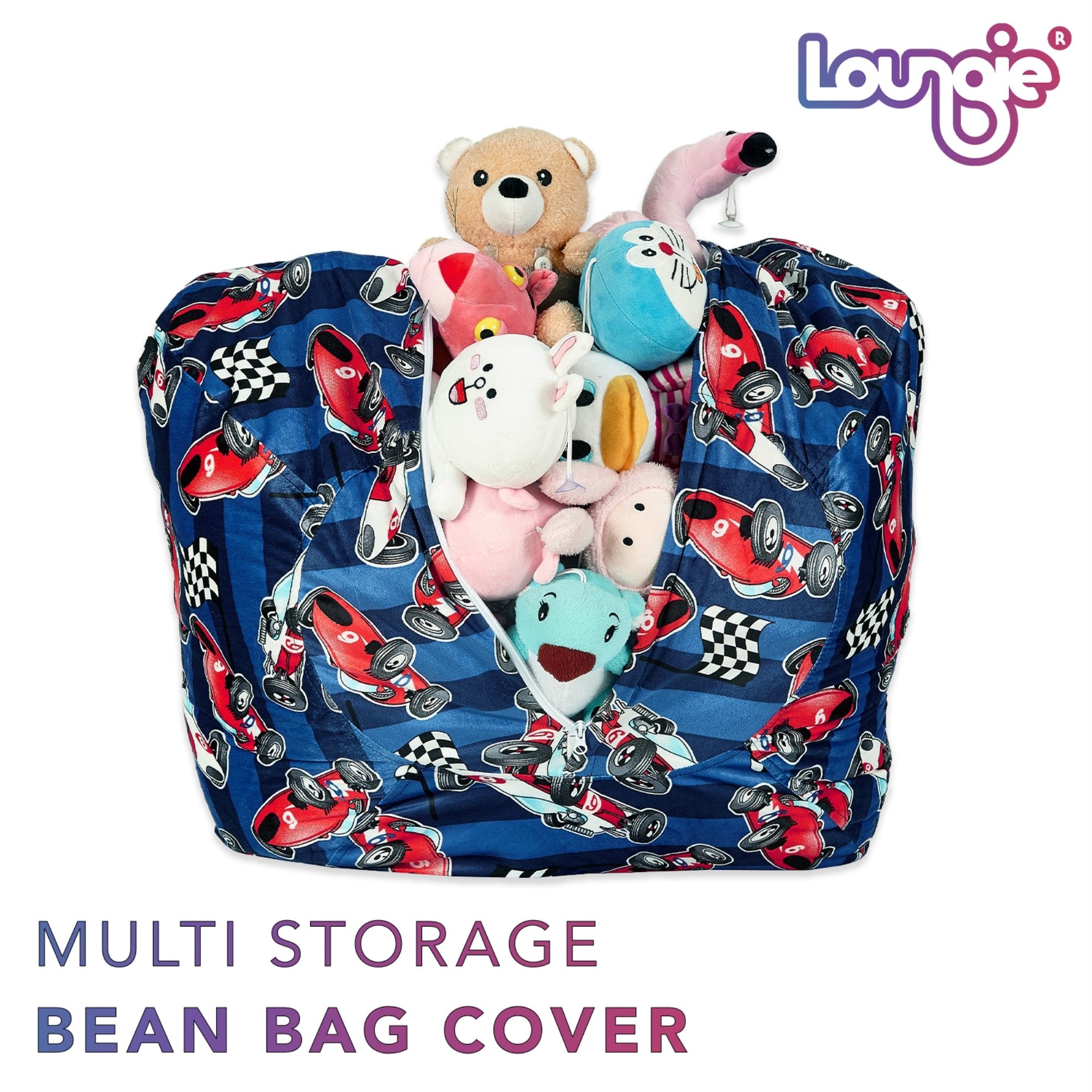 Loungie Stuffed Animal Storage Beanbag Cover - 55 Extra Large Bean Bag  Chair, Racecar Blue